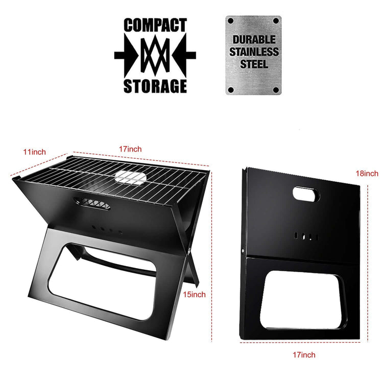 Portable BBQ grill with compact storage and durable stainless steel, measuring 17x11x15in, ideal for camping and travel.