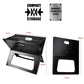 Portable BBQ grill with compact storage and durable stainless steel, measuring 17x11x15in, ideal for camping and travel.
