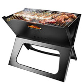 Portable charcoal BBQ grill with meat cooking, foldable design for camping and travel, easy two-step setup.