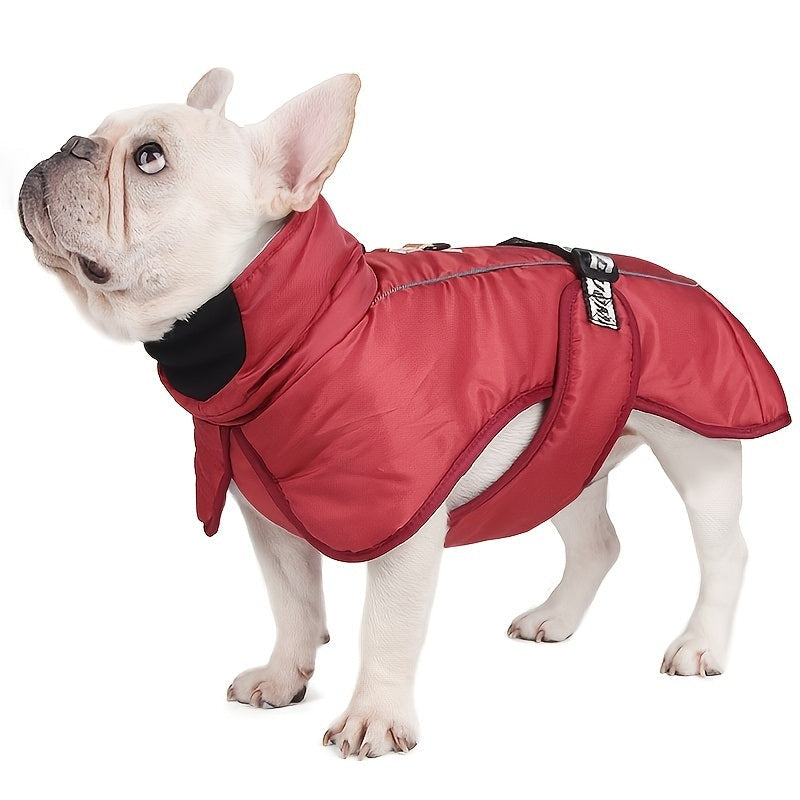 Large dog in a soft, wind-proof red vest, ideal for winter travel and reflective for safety.