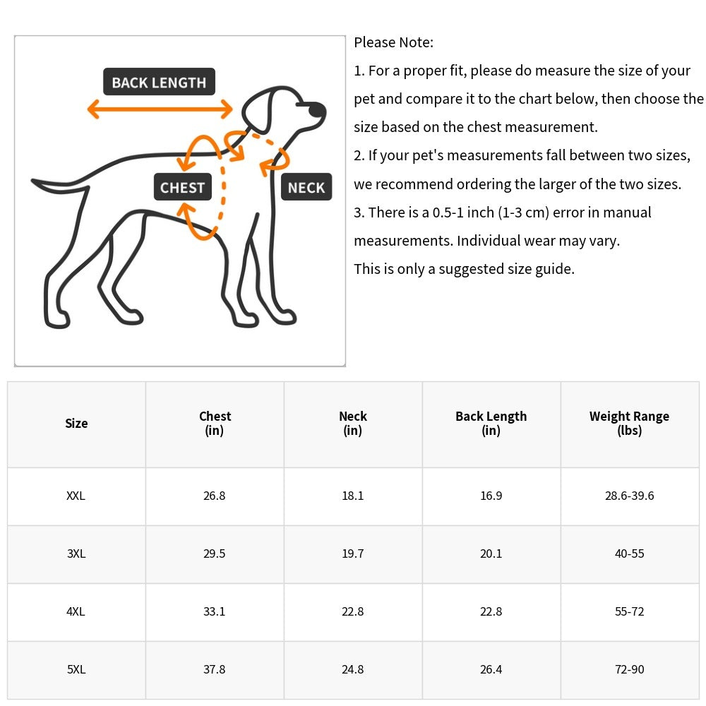 Sizing chart for large dog winter vest, including measurements for chest, neck, back length, and weight range.