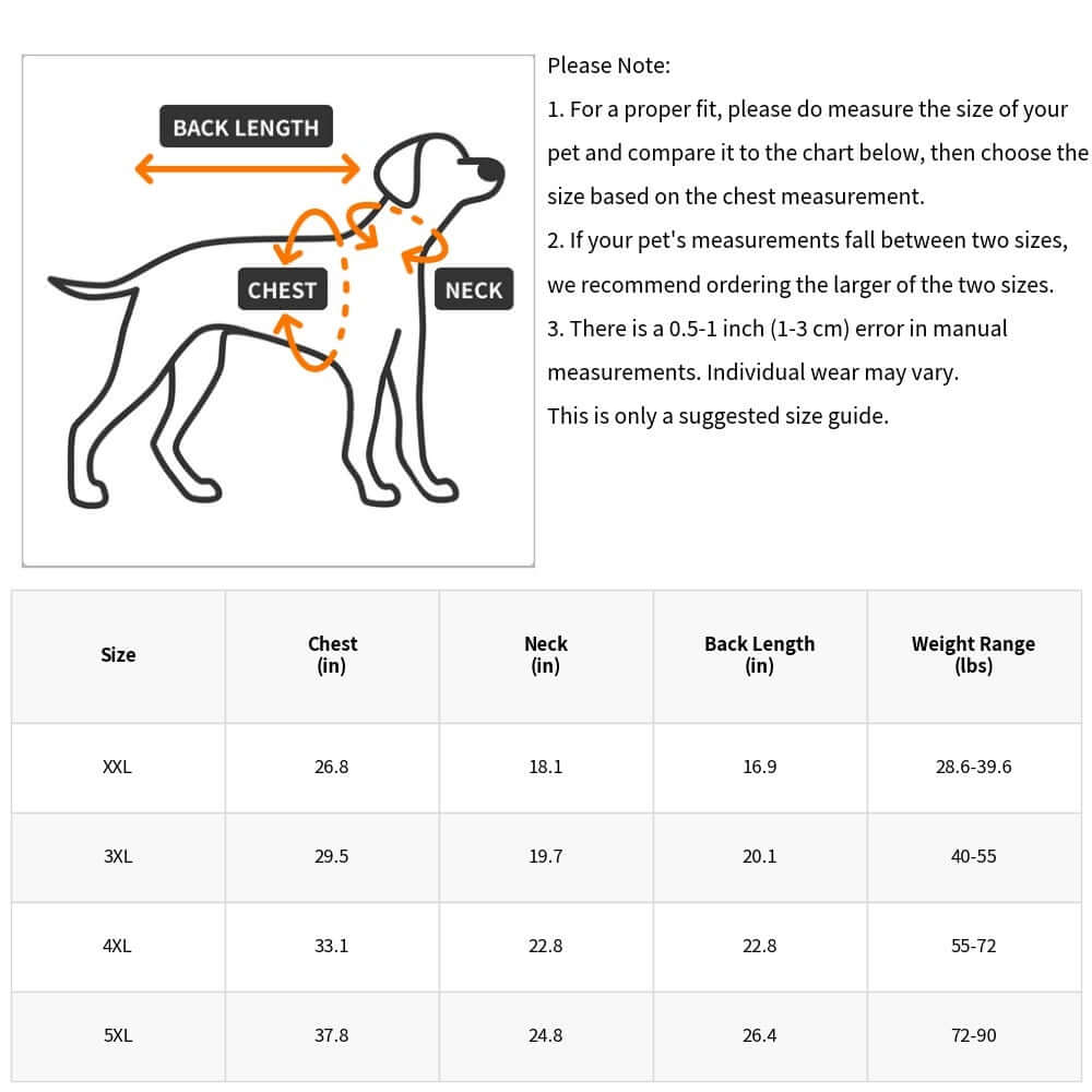Sizing chart for large dog winter vest, including measurements for chest, neck, back length, and weight range.