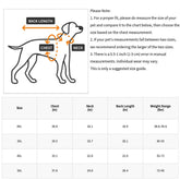 Sizing chart for large dog winter vest, including measurements for chest, neck, back length, and weight range.