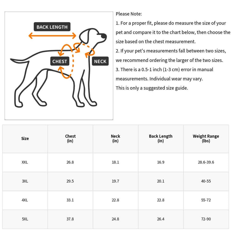 Sizing chart for large dog winter vest, including measurements for chest, neck, back length, and weight range.