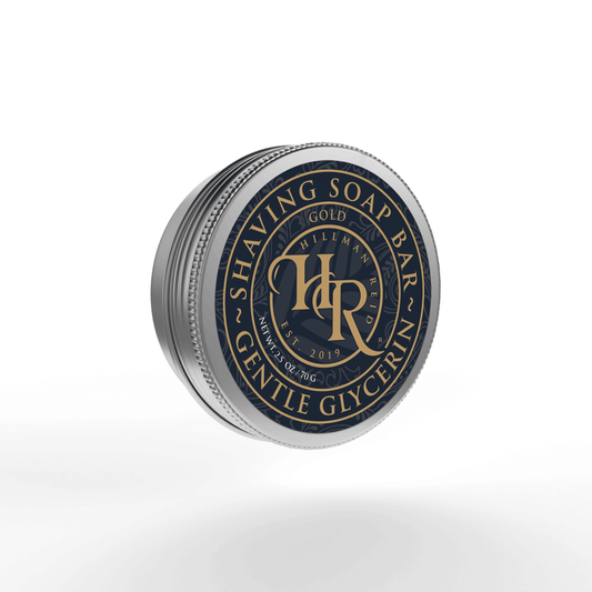 Gold Shaving Soap Bar in metal tin with 'Gentle Glycerin' label, ideal for a refreshing shaving experience.