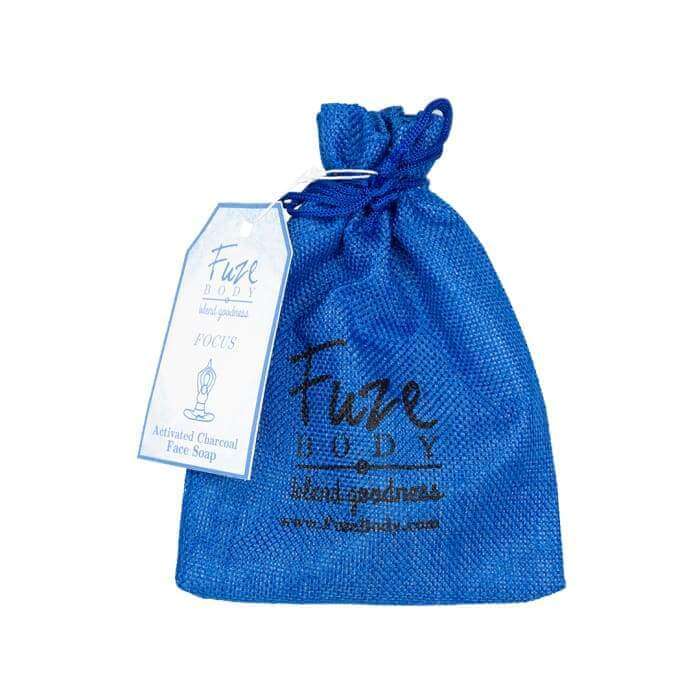 Focus Activated Charcoal Facial Soap in a blue sachet bag with tag for skincare and toxin removal.