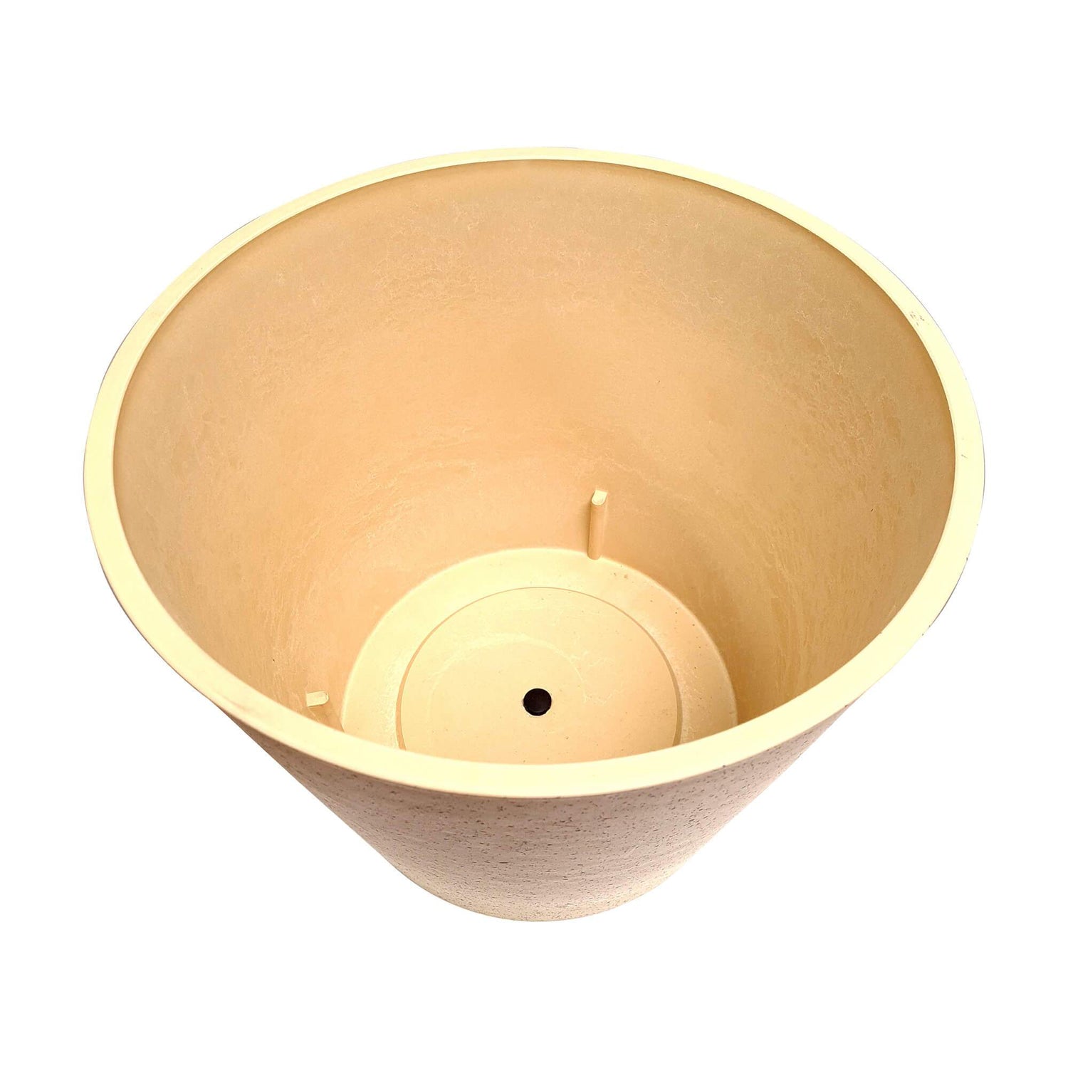 Inside view of a 40cm imitation stone garden pot in cream, showcasing durable recycled materials.
