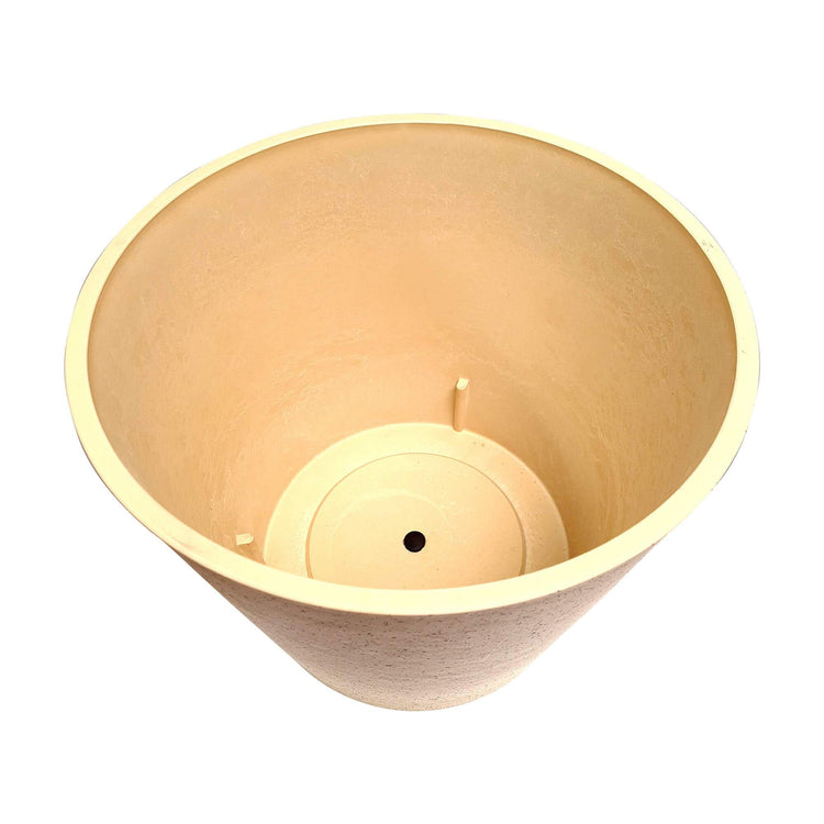 Inside view of a 40cm imitation stone garden pot in cream, showcasing durable recycled materials.