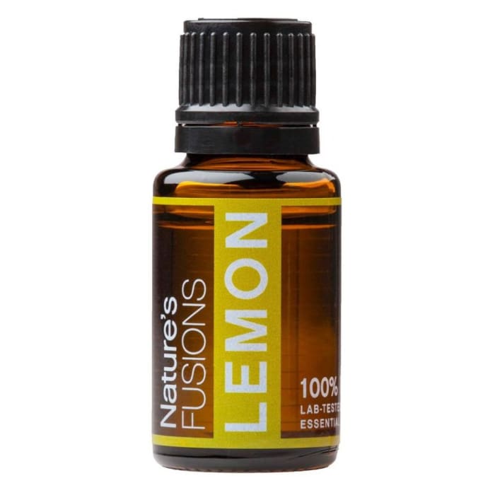 Nature's Fusions Lemon Essential Oil 15ml bottle for aromatherapy and cleansing use.