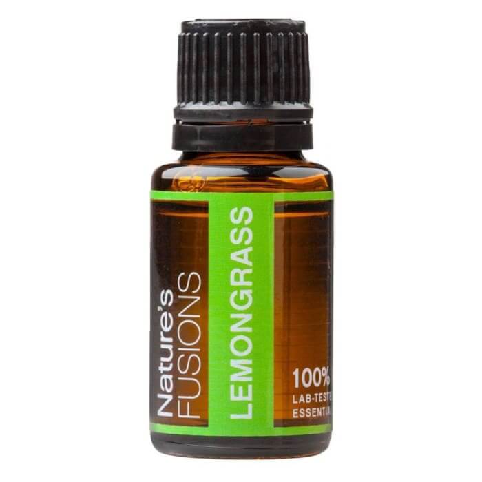 Nature's Fusions 100% pure lemongrass essential oil in a 15ml bottle, ideal for skincare and aromatherapy.