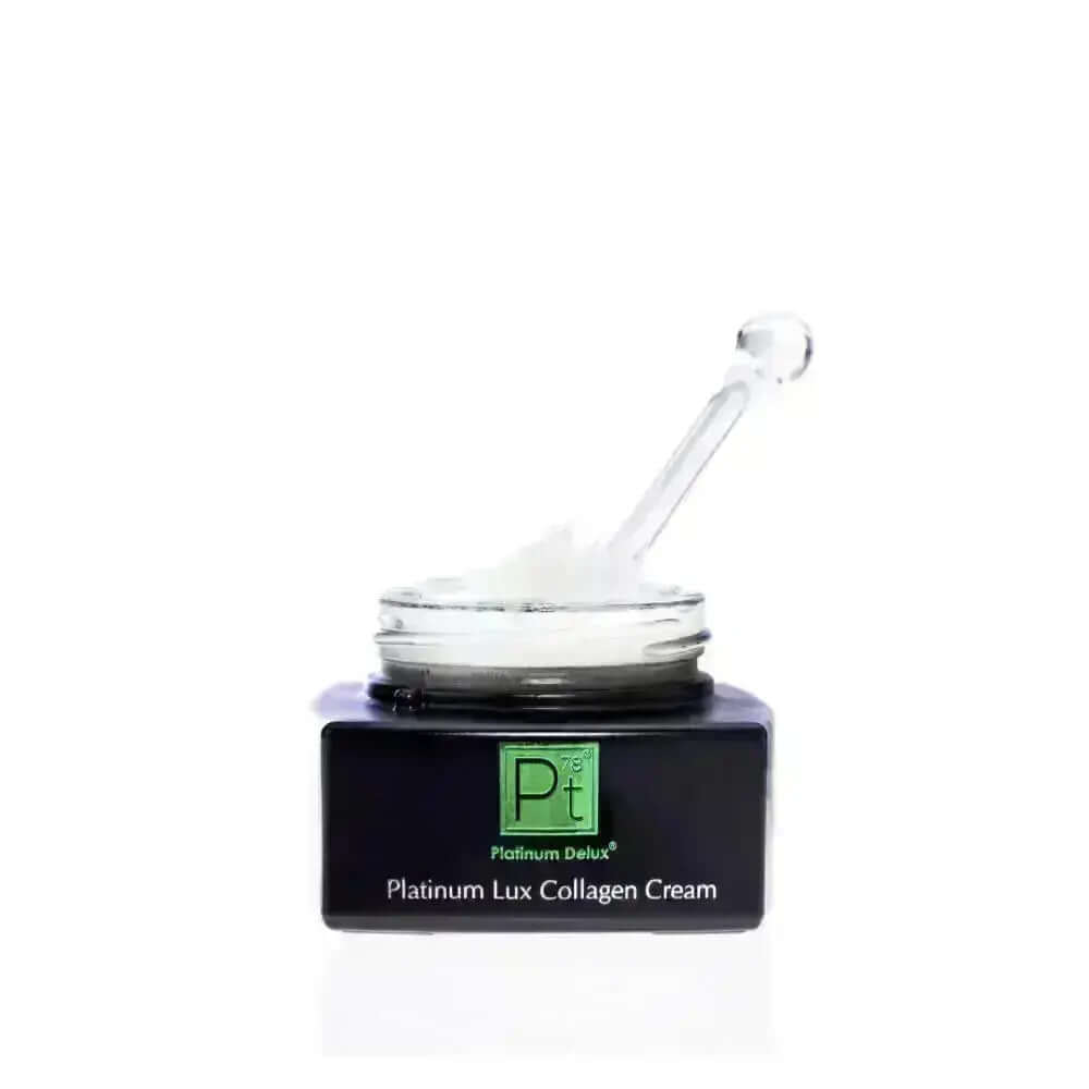 Platinum Lux Collagen Cream jar with applicator, designed to restore skin&