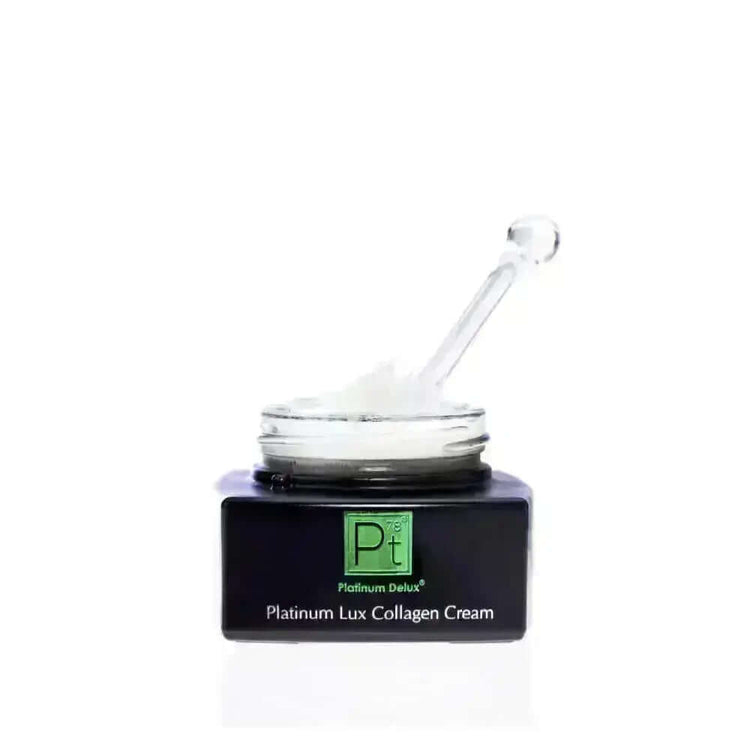Platinum Lux Collagen Cream jar with applicator, designed to restore skin&