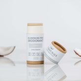 Extra-strength aluminum-free deodorant stick in eco-friendly packaging with a minimalistic design.