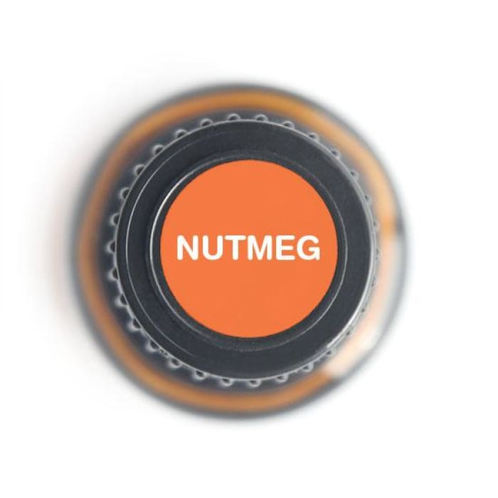 Top view of Nutmeg Pure Essential Oil bottle cap, highlighting the name 'NUTMEG' in bold text.