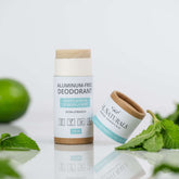 Extra-strength aluminum-free deodorant stick in Peppermint & Bergamot scent with natural ingredients, surrounded by fresh mint.