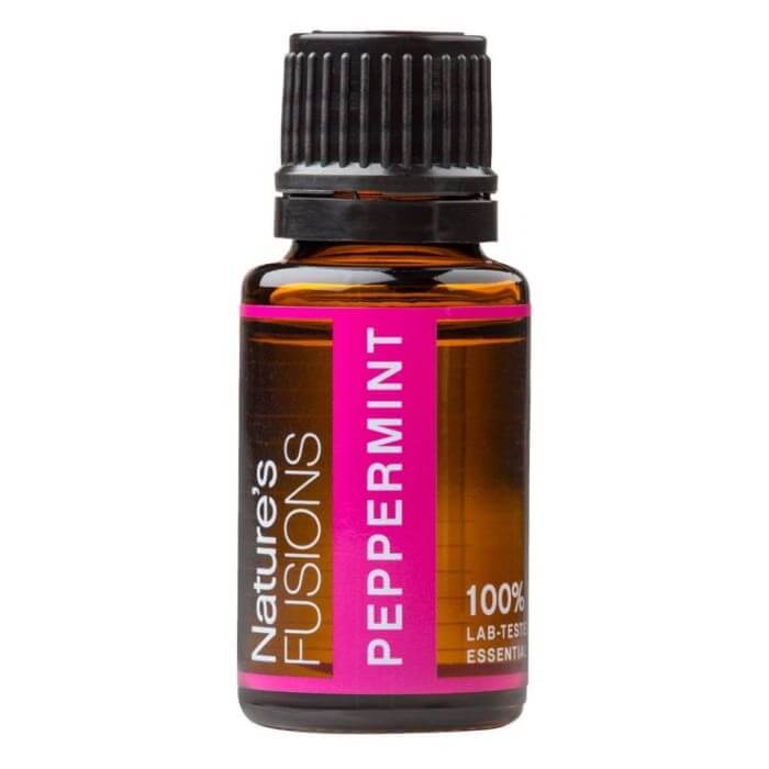 Peppermint pure essential oil 15ml bottle by Nature's Fusions, ideal for cooling relief and digestive support.