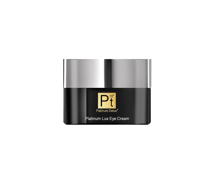 Platinum Lux Eye Cream jar showcasing luxurious retinol formula for healing and rejuvenating tired under-eye skin.