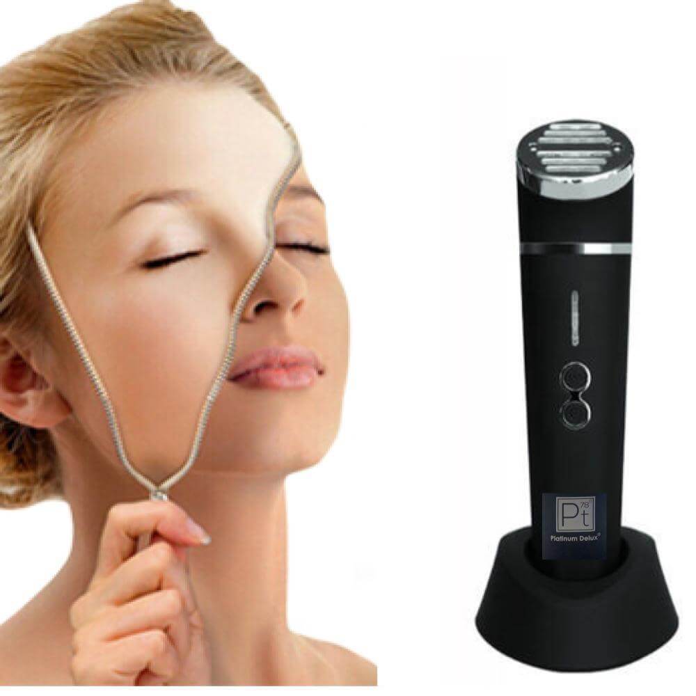 Woman enjoying Platinum Silver Red Light Therapy with professional LED device for radiant skin and rejuvenation.