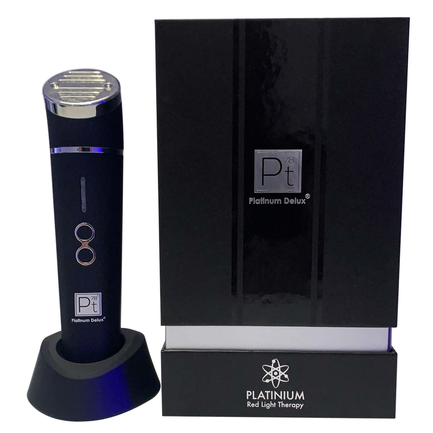 Platinum Silver Red Light Therapy device on a sleek stand with stylish packaging for professional skin care treatment.