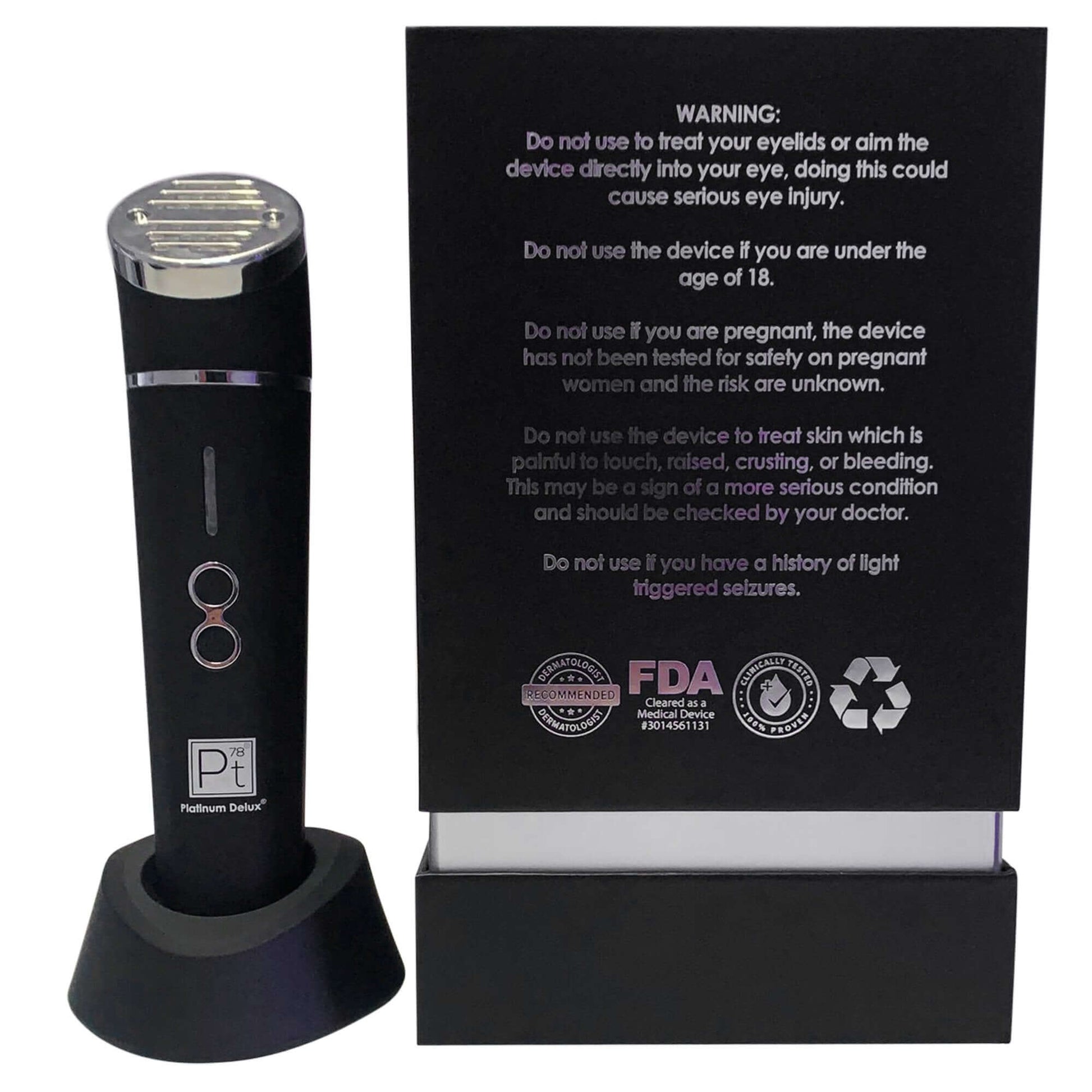 Platinum Silver Red Light Therapy device with warning instructions for safe use and LED light technology.