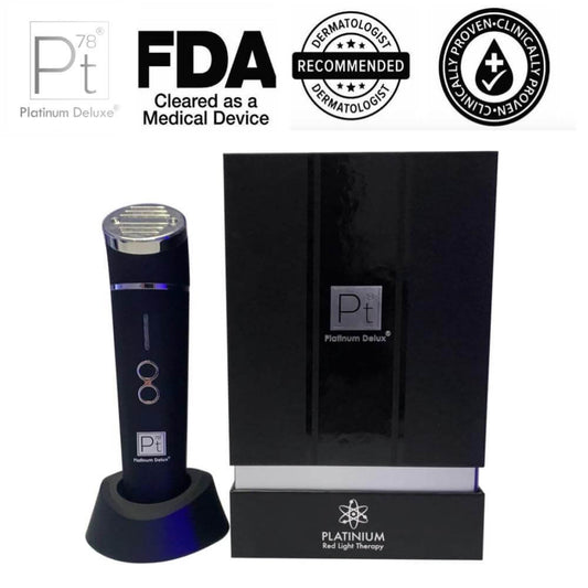 Platinum Deluxe FDA cleared red light therapy device and packaging for skin rejuvenation.