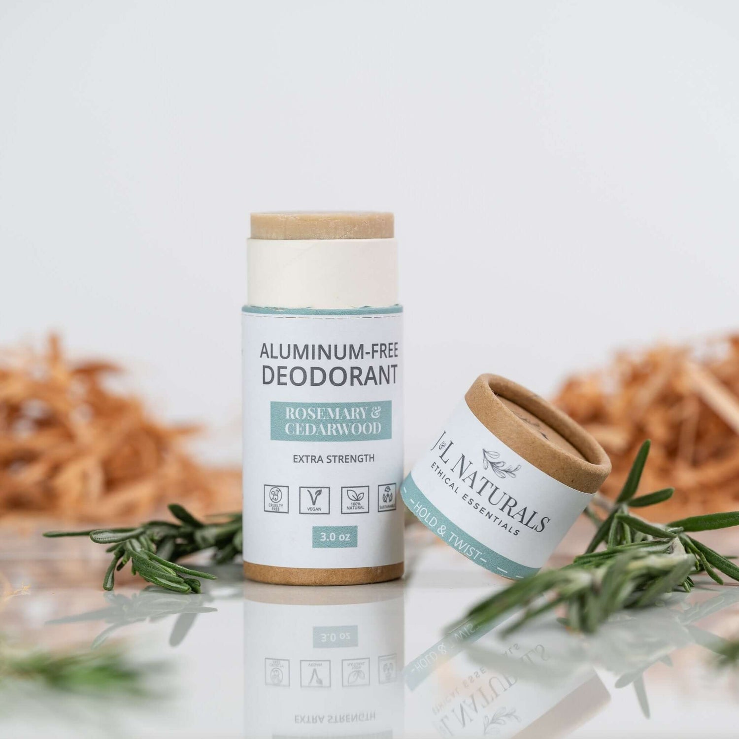 Extra-strength aluminum-free deodorant with rosemary and cedarwood scent in eco-friendly packaging.