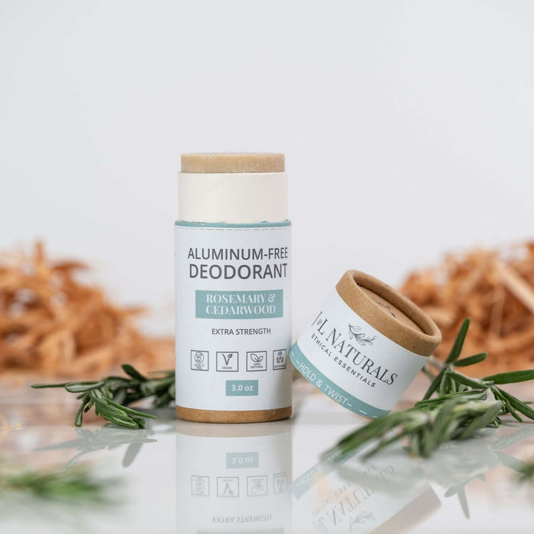 Extra-strength aluminum-free deodorant with rosemary and cedarwood scent in eco-friendly packaging.