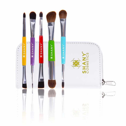 5 PC double sided essential brush set in travel pouch for perfect makeup application and easy travel.