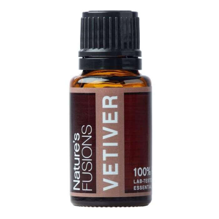 Vetiver Pure Essential Oil 15ml bottle from Nature's Fusions with earthy, woody scent for relaxation and aromatherapy.