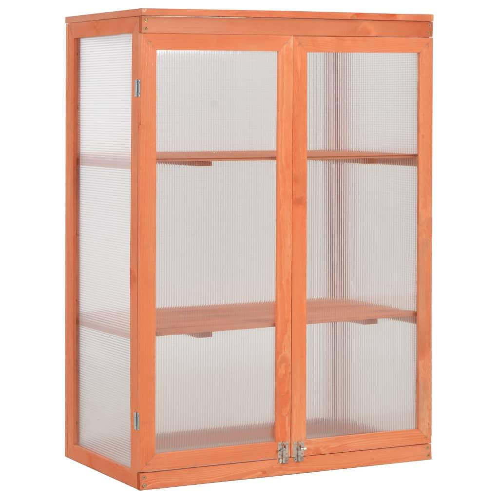 vidaXL wooden greenhouse with PC board, hinged lid, 2 shelves for plants, flowers, and herbs, outdoor gardening solution.