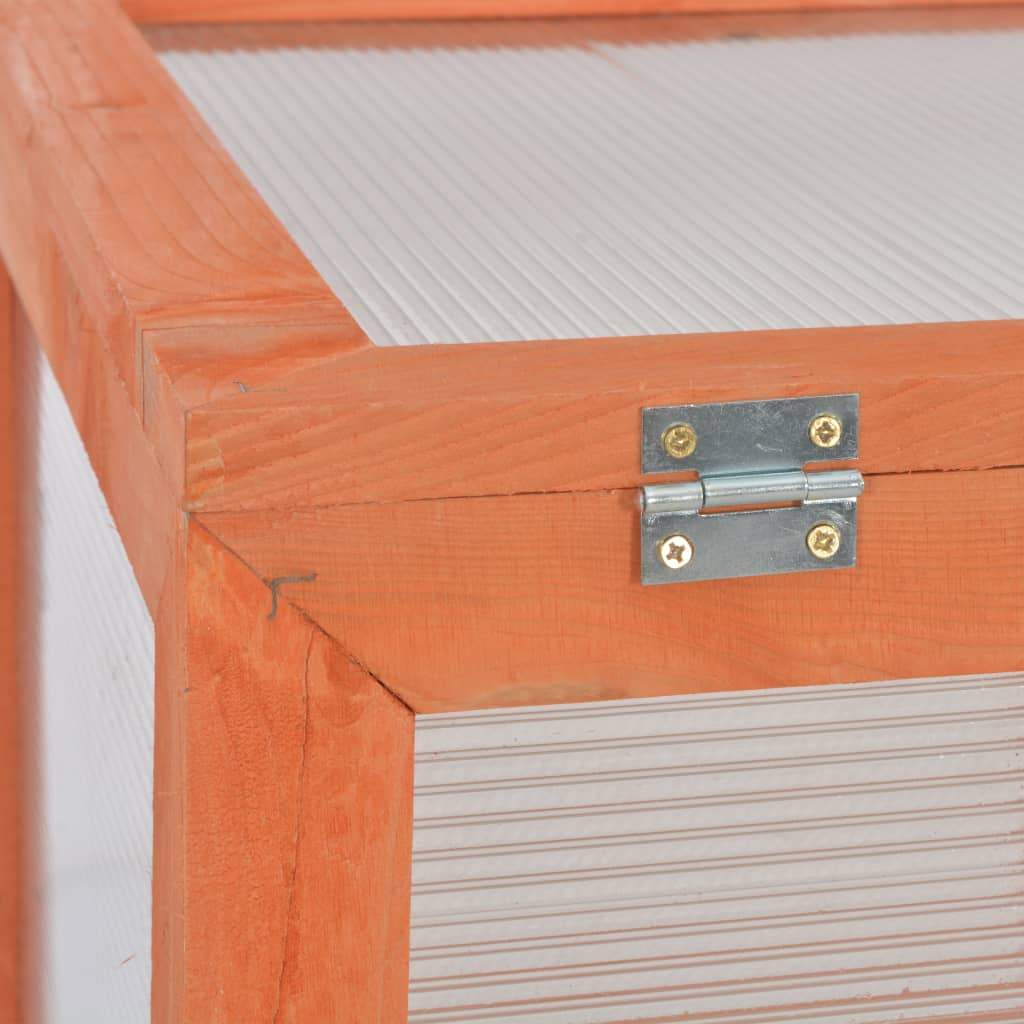 Close-up of vidaXL greenhouse wooden frame with metal hinge, showcasing durable construction and design.