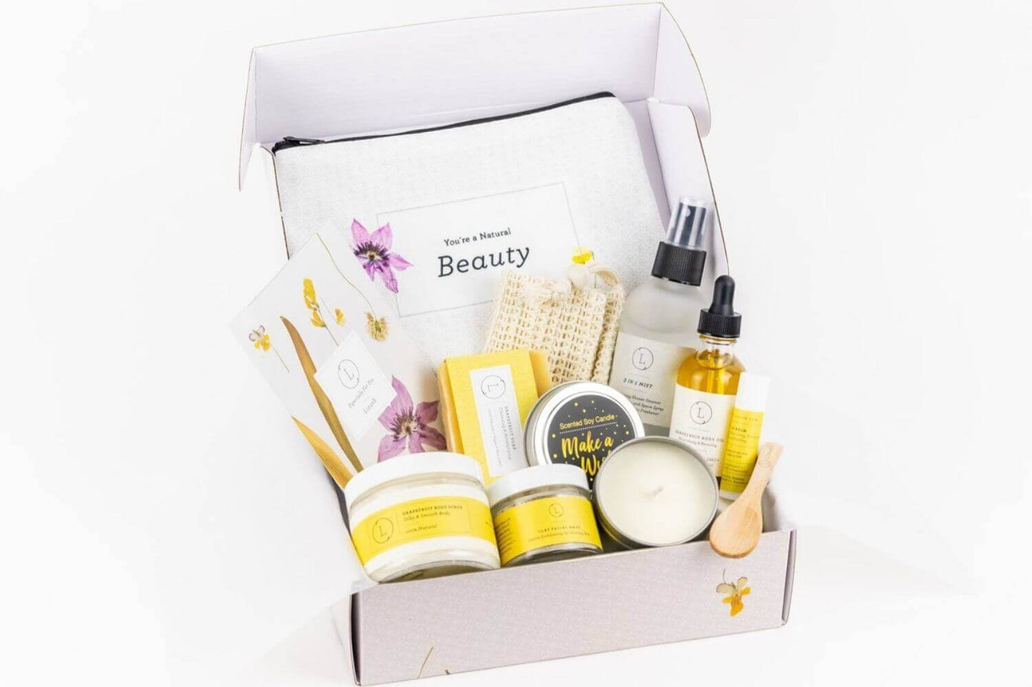 Handmade natural bath and body gift box with beauty products, perfect for Mother's Day or holiday spa relaxation.