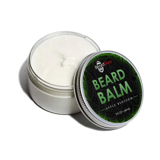 BeardGuru Apple Blossom Beard Balm in a clear jar, designed for softening and taming unruly beard hair.