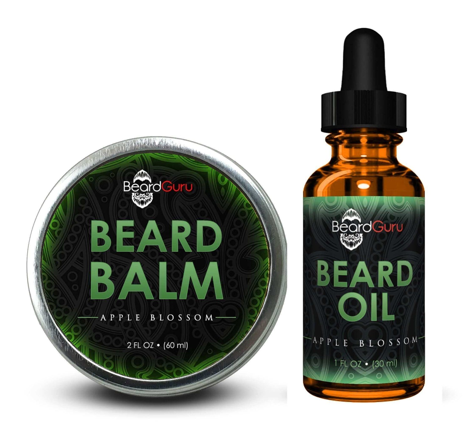 BeardGuru Apple Blossom Beard Balm and Oil duo, 2 fl. oz balm and 1 fl. oz oil for softening and taming beards.