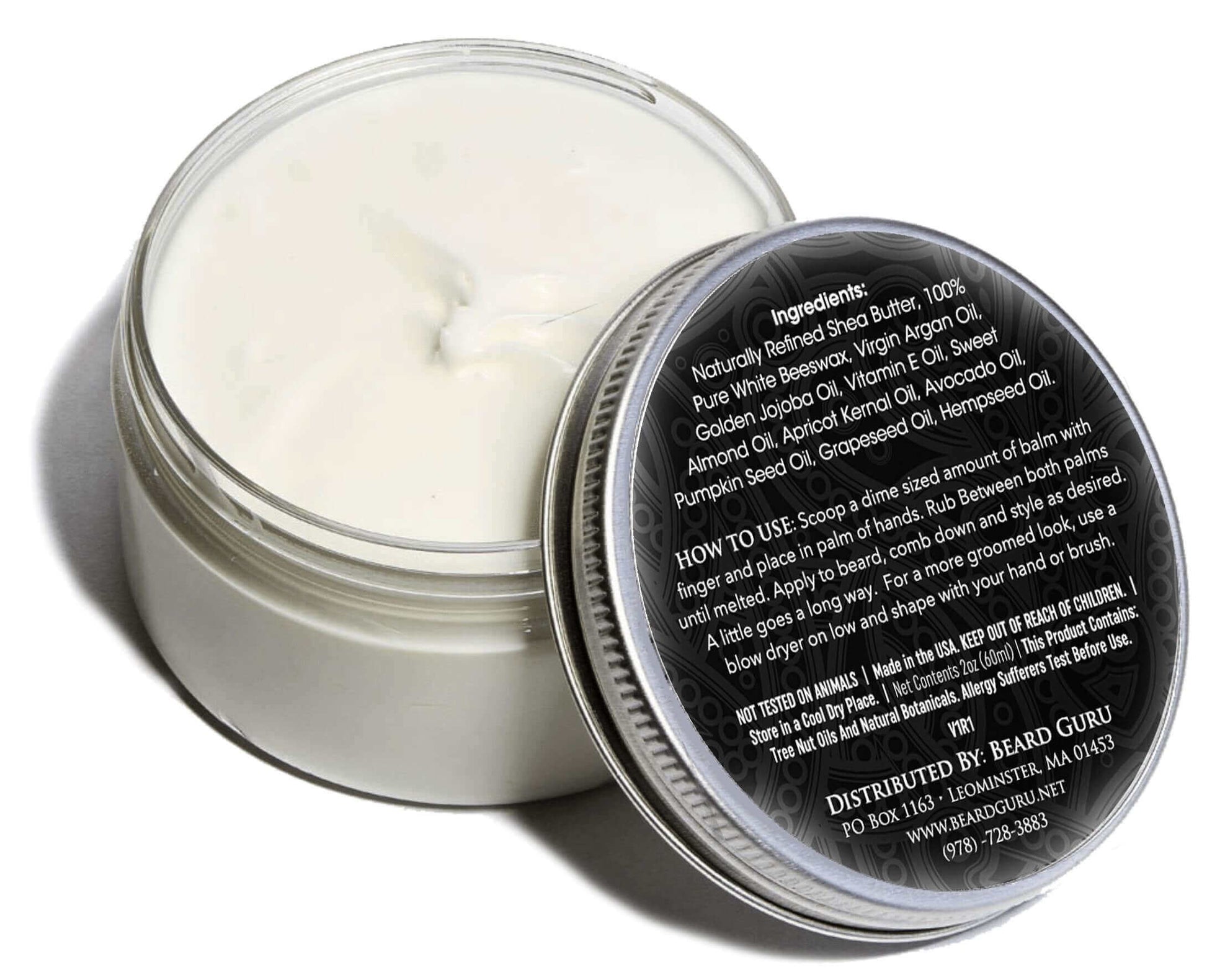 BeardGuru Premium Unscented Beard Balm in a clear jar, showcasing smooth texture and ingredient details on the label.