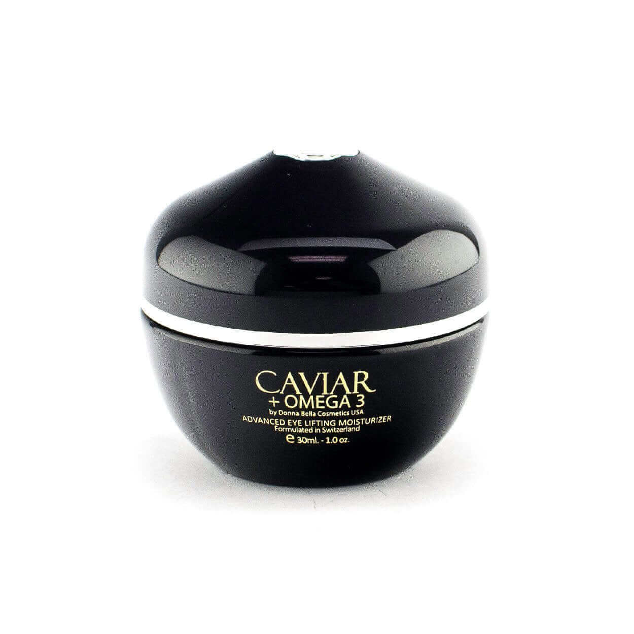 Advanced Eye Lifting Moisturizer with Caviar and Omega 3 in a sleek black jar for delicate eye care.