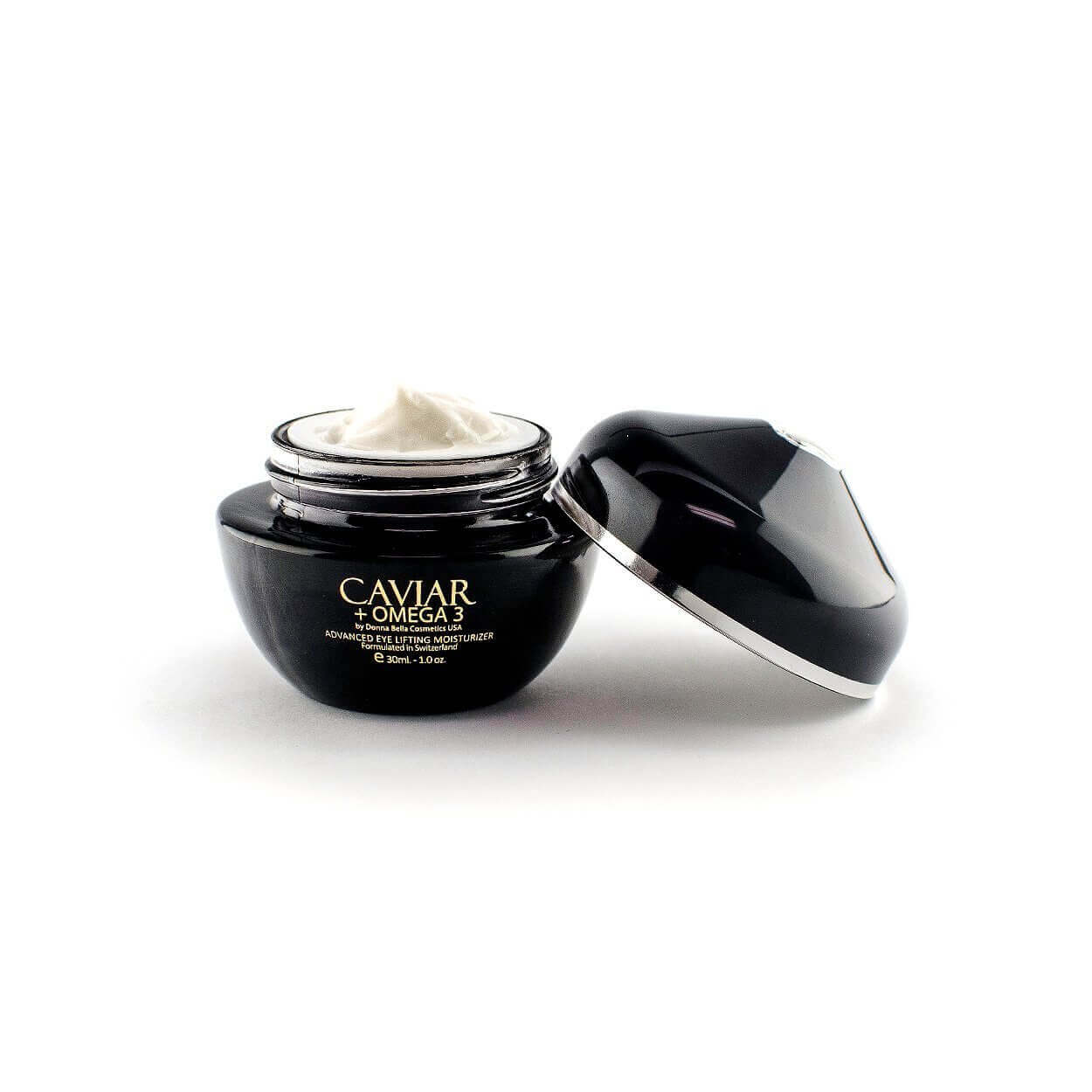 Advanced Eye Lifting Moisturizer with Caviar and Omega 3 in a sleek black jar, promoting hydration and volume restoration.