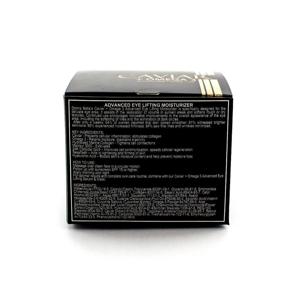 Back view of Donna Bella's Advanced Eye Lifting Moisturizer box showcasing ingredients and usage instructions.