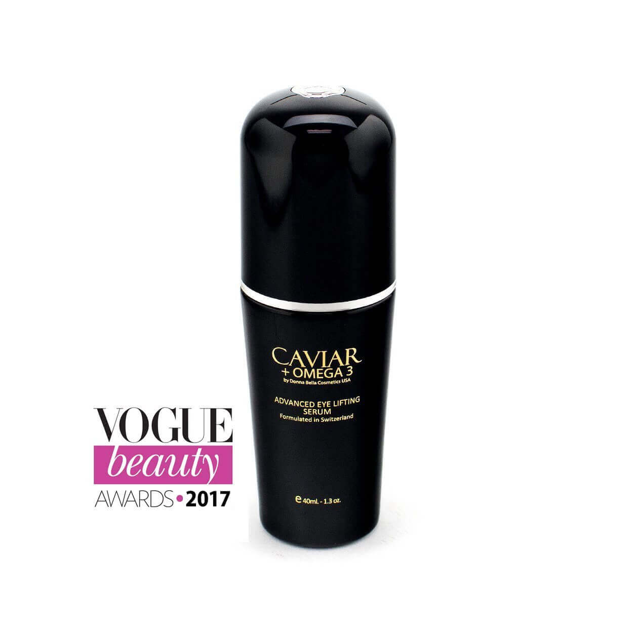 Advanced Eye Lifting Serum by Donna Bella, featuring Caviar and Omega 3, awarded Vogue Beauty 2017.