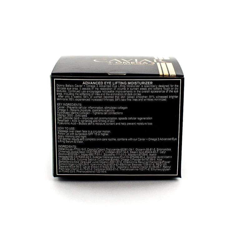 Advanced Eye Lifting Moisturizer packaging showing key ingredients and usage instructions for delicate eye care.
