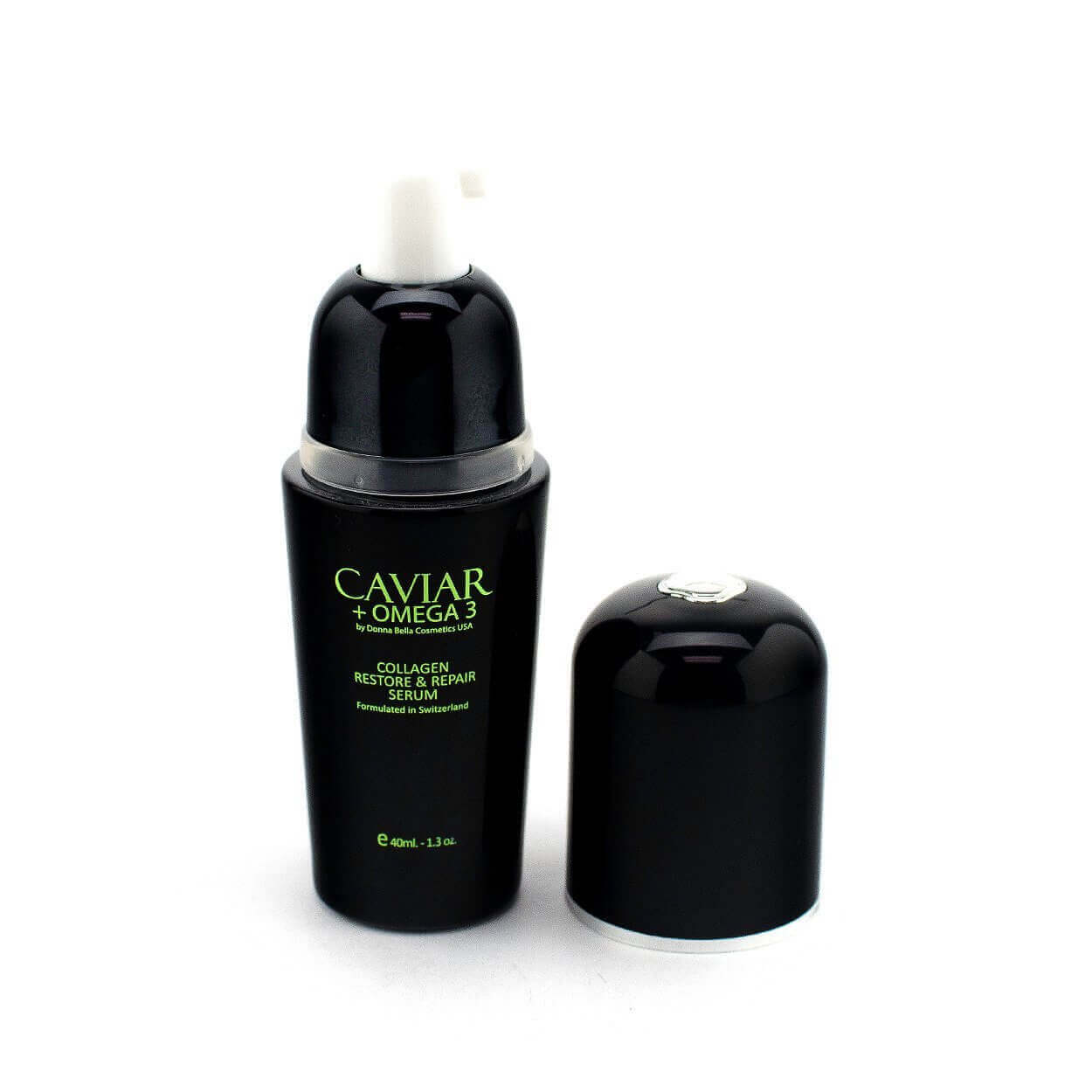 Caviar and Omega 3 Collagen Restore and Repair Serum in black bottle, designed for skin elasticity and repair.