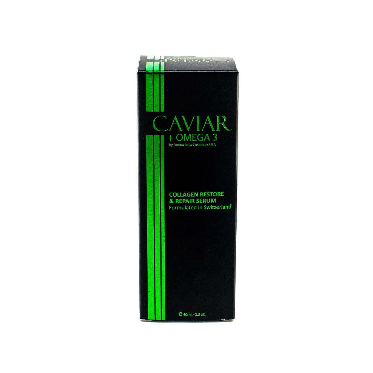 Collagen Restore and Repair Serum packaging by Donna Bella, featuring Caviar + Omega 3, formulated in Switzerland.