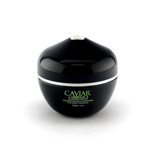 Collagen Restore & Repair Mask in a sleek black jar, enriched with Caviar and Omega 3 for skin rejuvenation.