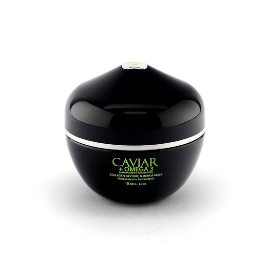 Collagen Restore & Repair Mask in a sleek black jar, enriched with Caviar and Omega 3 for skin rejuvenation.