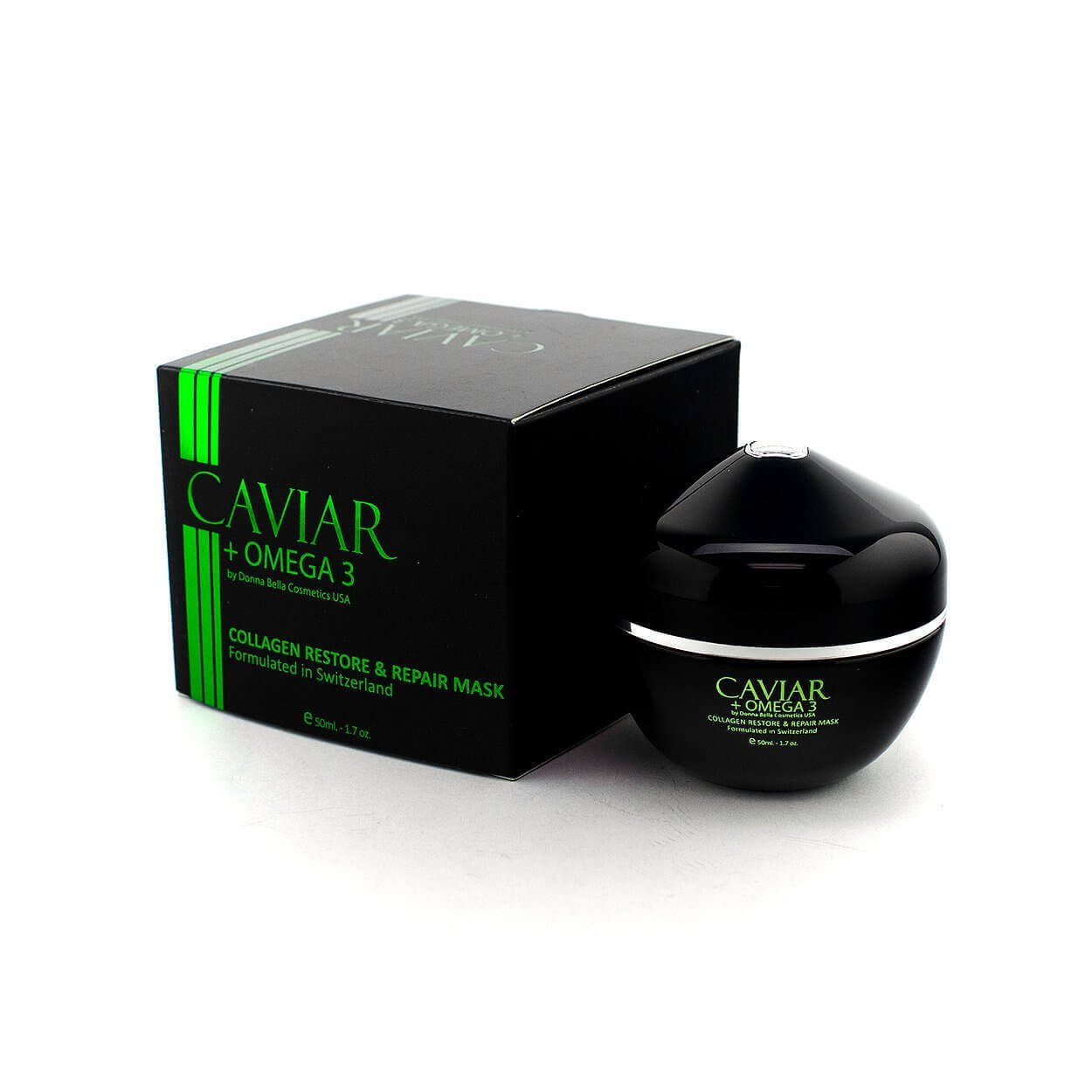 Collagen Restore & Repair Mask by Donna Bella in a black jar with green box, enriched with Caviar and Omega 3 for skin rejuvenation.