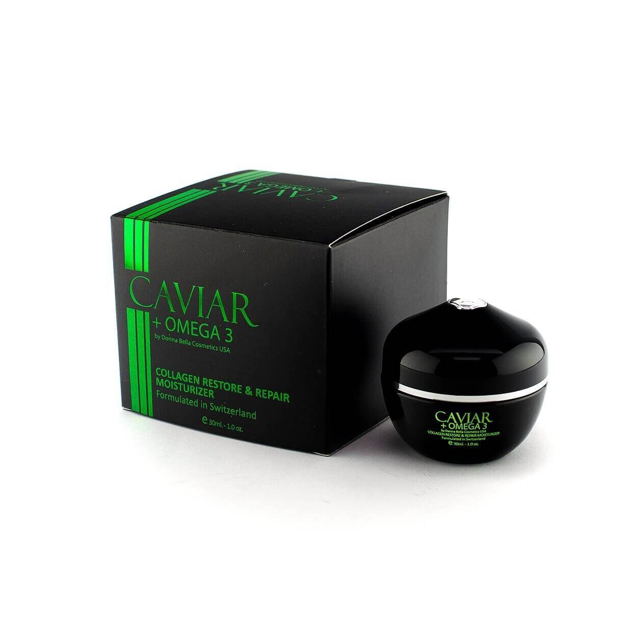 Caviar Restore & Repair Moisturizer with Omega 3 in sleek black jar, designed for skin hydration and wrinkle reduction.