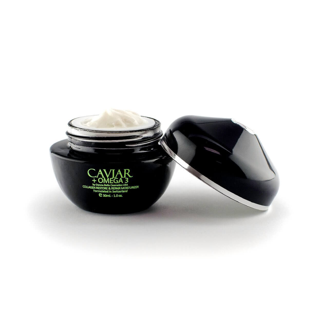 Caviar + Omega 3 Collagen Restore & Repair Moisturizer in black jar with lid open, showcasing creamy texture.