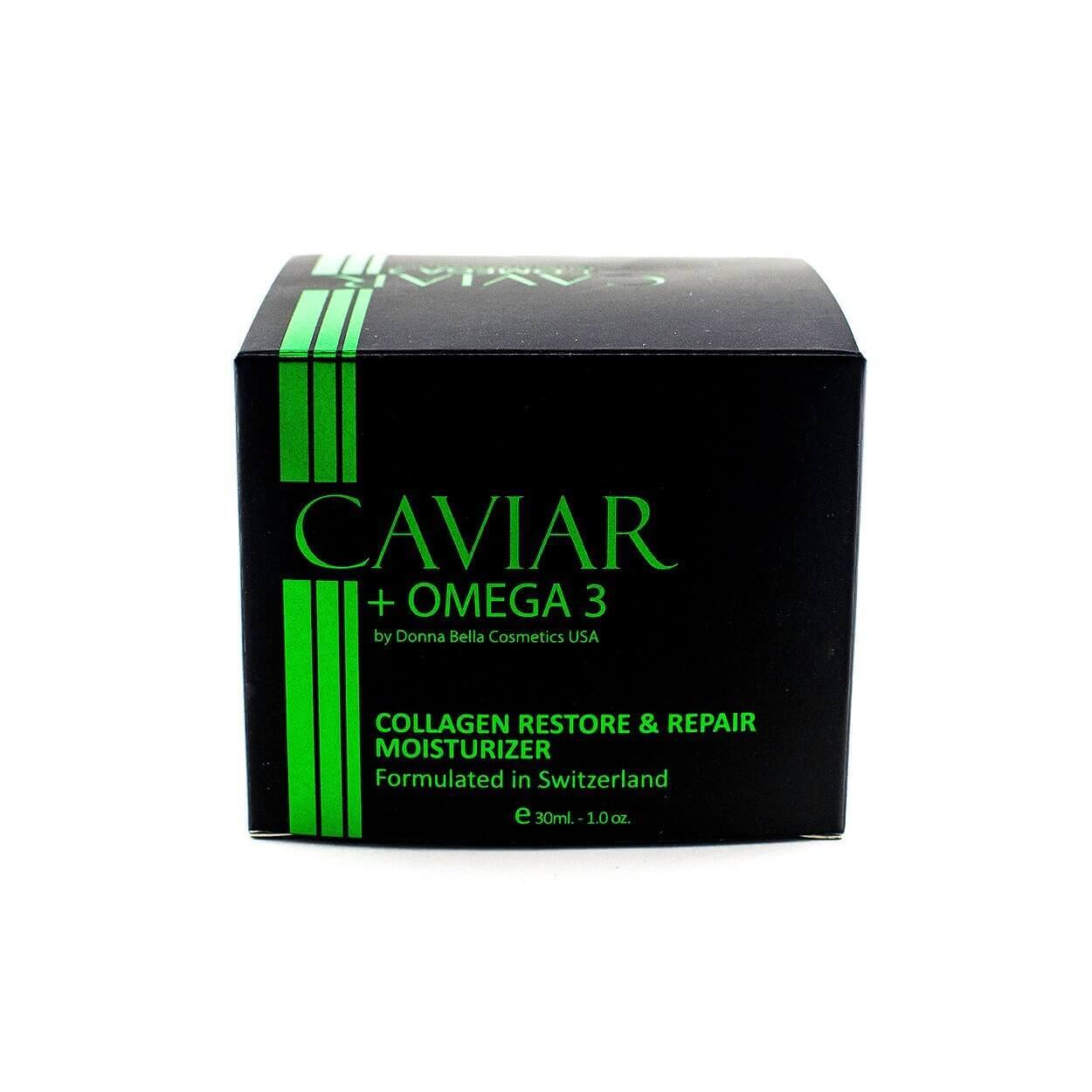 Donna Bella Caviar + Omega 3 Collagen Restore & Repair Moisturizer in a sleek black box, formulated in Switzerland.