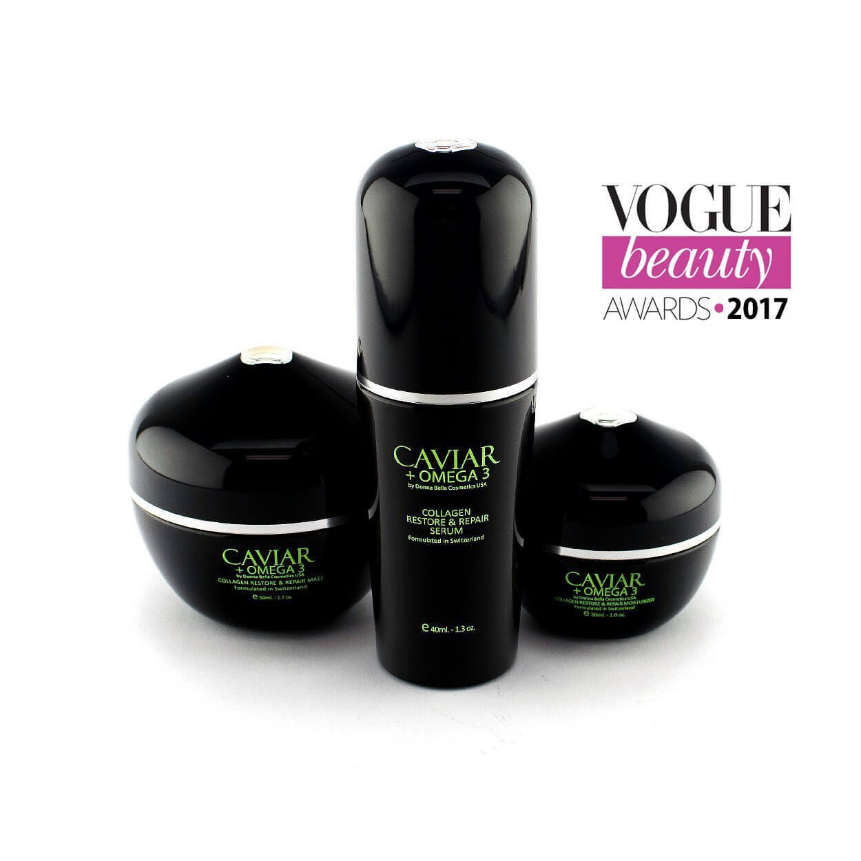 Donna Bella Caviar + Omega 3 Collagen Restore & Repair Set, winner of Vogue Beauty Awards 2017, skincare essentials.