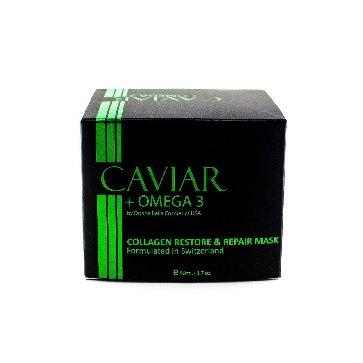 Collagen Restore & Repair Mask box by Donna Bella, enriched with caviar and Omega 3 for healthier skin.